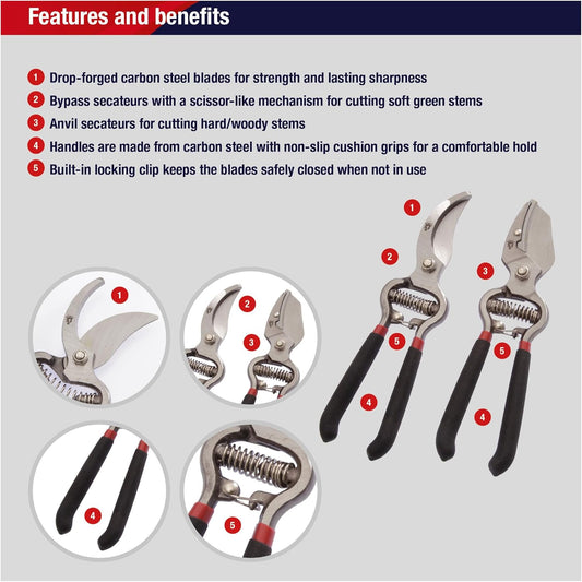 Drop Forged Bypass & Anvil Pruners Set, 2 Piece Professional Garden Pruning Tools, Durable Steel Blades, Comfortable Ergonomic Handles