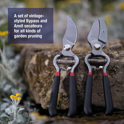 Drop Forged Bypass & Anvil Pruners Set, 2 Piece Professional Garden Pruning Tools, Durable Steel Blades, Comfortable Ergonomic Handles