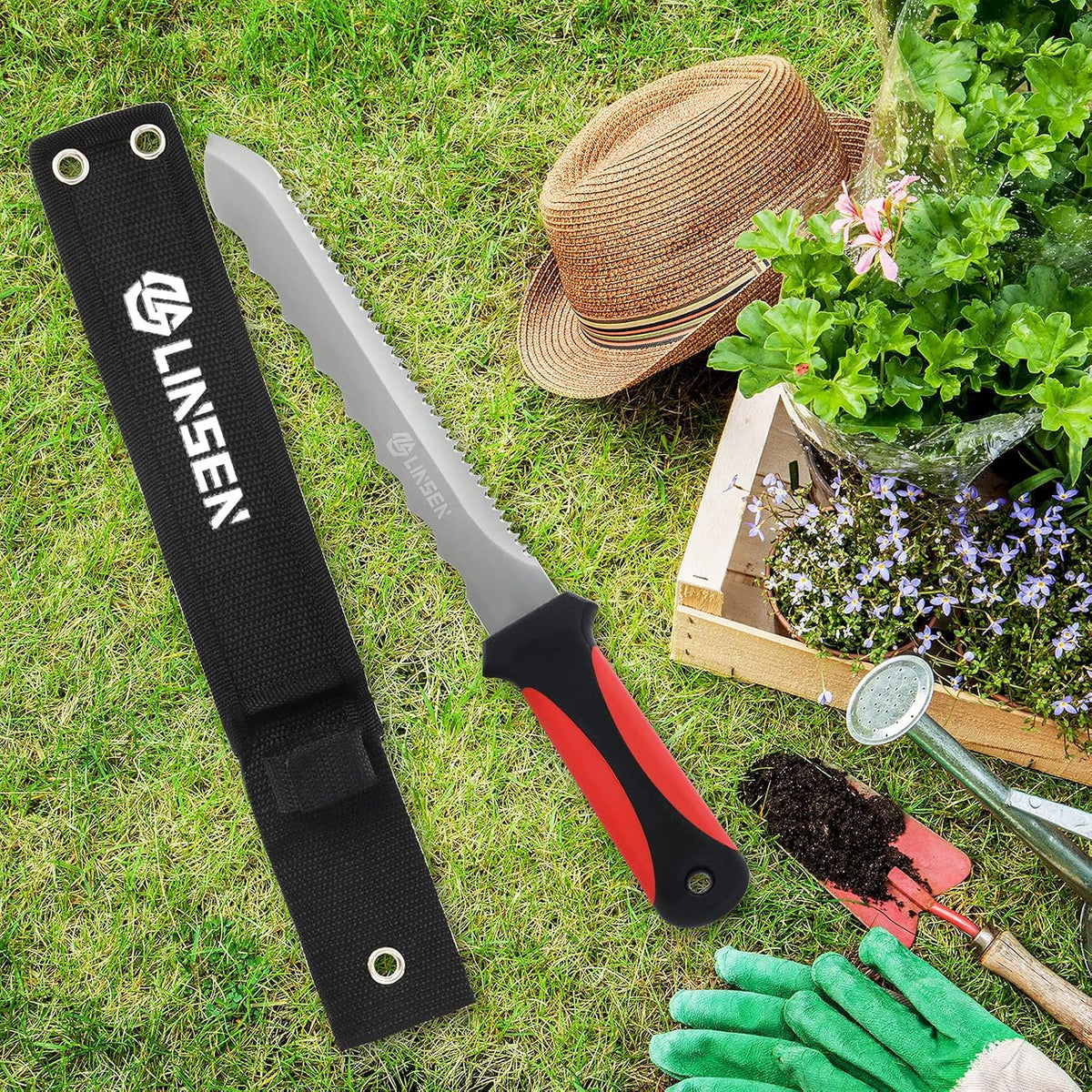 Linsen-Outdoor Stainless Steel Garden Knife with 7.8" Blade, Double Side Utility Sod Cutter Lawn Repair Garden Knife with Nylon Sheath