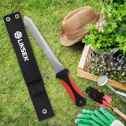 Linsen-Outdoor Stainless Steel Garden Knife with 7.8" Blade, Double Side Utility Sod Cutter Lawn Repair Garden Knife with Nylon Sheath