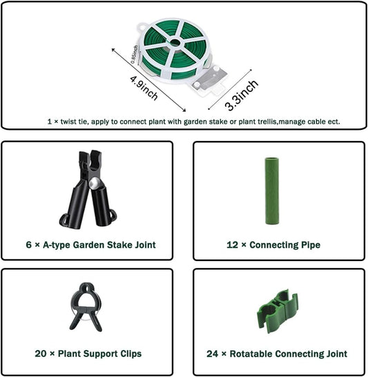 Garden Trellis Support Kit - Plant Clips & Stake Connectors, 7/16" Stake Extensions & Pipe Fixings