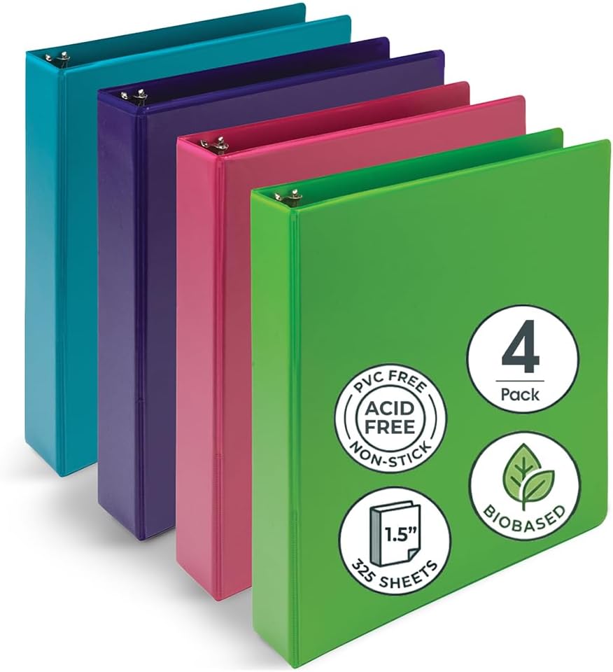 Samsill BioBinder 2 Inch (4-Pack) - Durable Plant-Based 3 Ring View Binder, USDA Certified Biobased, Customizable Nonstick Cover & Spine - 425 Sheet Capacity, Letter Size School Office Organizer