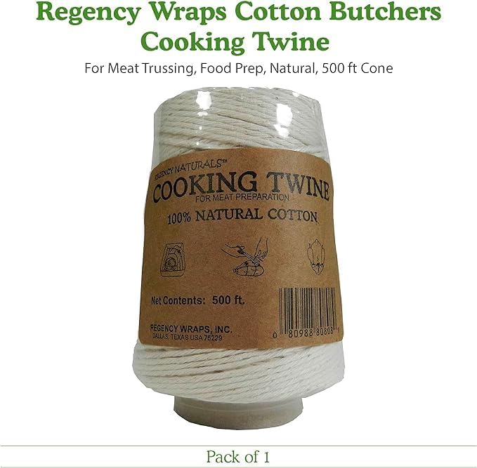 Regency Wraps Butchers Cooking Twine on Holder with Cutter, Heavy Duty, 500ft, 16 Ply, 2.4mm Food-Safe Cotton Kitchen String for Turkey Trussing, Meat Prep, Crafting
