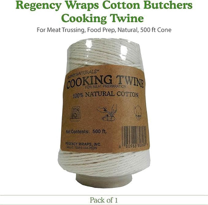 Regency Wraps Butchers Cooking Twine on Holder with Cutter, Heavy Duty, 500ft, 16 Ply, 2.4mm Food-Safe Cotton Kitchen String for Turkey Trussing, Meat Prep, Crafting