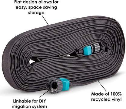 25' Black Flat Weeper Soaker Hose for Garden Beds, Drip Irrigation Outdoor Hose, Flexible Garden Hose for Vegetable Gardens, Flower Beds, Lawns, and Orchards