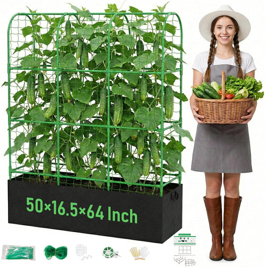 U-Shape Cucumber Trellis with Grow Bag, 64" Tall Metal Garden Trellis for Climbing Plants Outdoor, Reusable Cucumber Trellis for Raised Bed with Garden Netting for Tomatoes, Peas, Plant Vines Support
