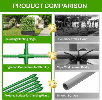 U-Shape Cucumber Trellis with Grow Bag, 64" Tall Metal Garden Trellis for Climbing Plants Outdoor, Reusable Cucumber Trellis for Raised Bed with Garden Netting for Tomatoes, Peas, Plant Vines Support