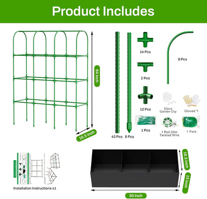 U-Shape Cucumber Trellis with Grow Bag, 64" Tall Metal Garden Trellis for Climbing Plants Outdoor, Reusable Cucumber Trellis for Raised Bed with Garden Netting for Tomatoes, Peas, Plant Vines Support