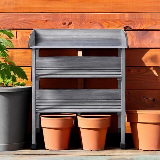 Yaheetech Outdoor Garden Potting Bench Table Wooden Horticulture Planting Worstation w/Metal Tabletop/Storage Shelf/3 Hooks, Natural Wood