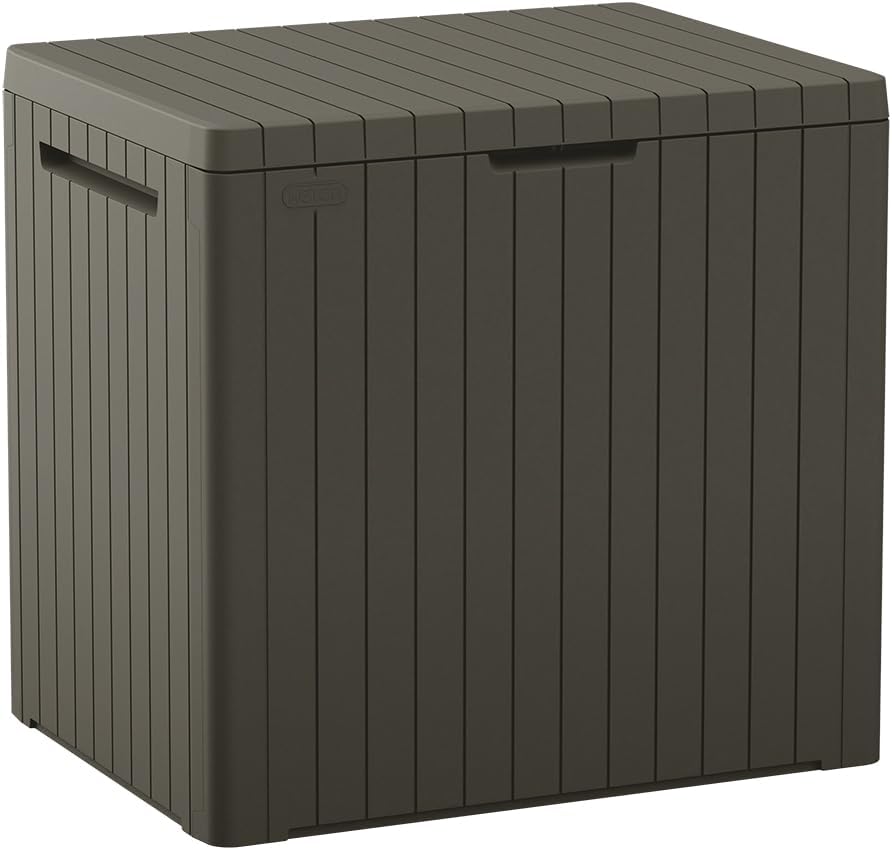 Keter City 30 Gallon Resin Outdoor Storage Box and Patio Furniture Side Table for Pool and Garden Accessories, Brown