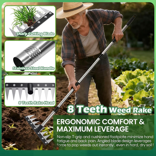 Weed Puller Tool with Long Handle, 60" Manual Weeder Remover Tool, 2 in 1 Hand Weed Rake and Garden Hoe for Gardening, Uprooting Weeding Tool for Yard, Lawn, Patio, Garden