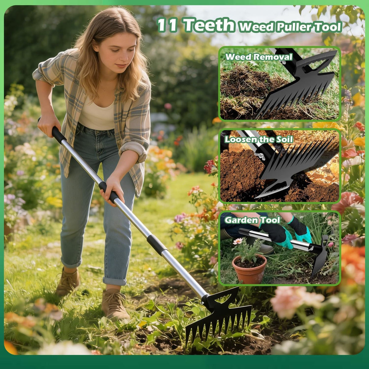 Weed Puller Tool with Long Handle, 60" Manual Weeder Remover Tool, 2 in 1 Hand Weed Rake and Garden Hoe for Gardening, Uprooting Weeding Tool for Yard, Lawn, Patio, Garden