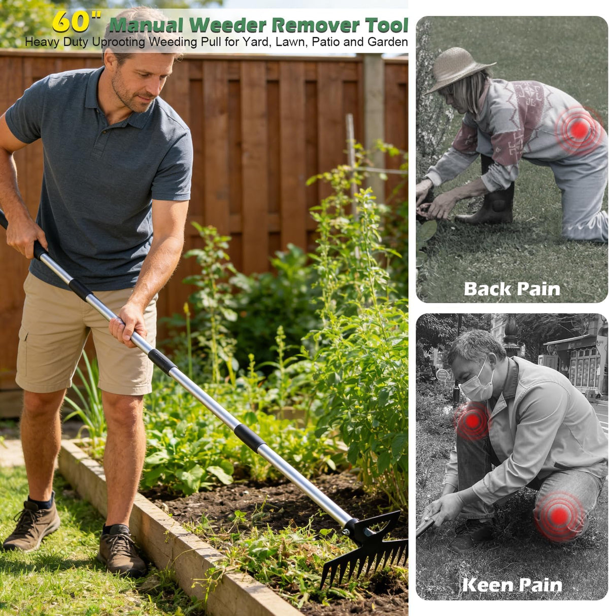 Weed Puller Tool with Long Handle, 60" Manual Weeder Remover Tool, 2 in 1 Hand Weed Rake and Garden Hoe for Gardening, Uprooting Weeding Tool for Yard, Lawn, Patio, Garden