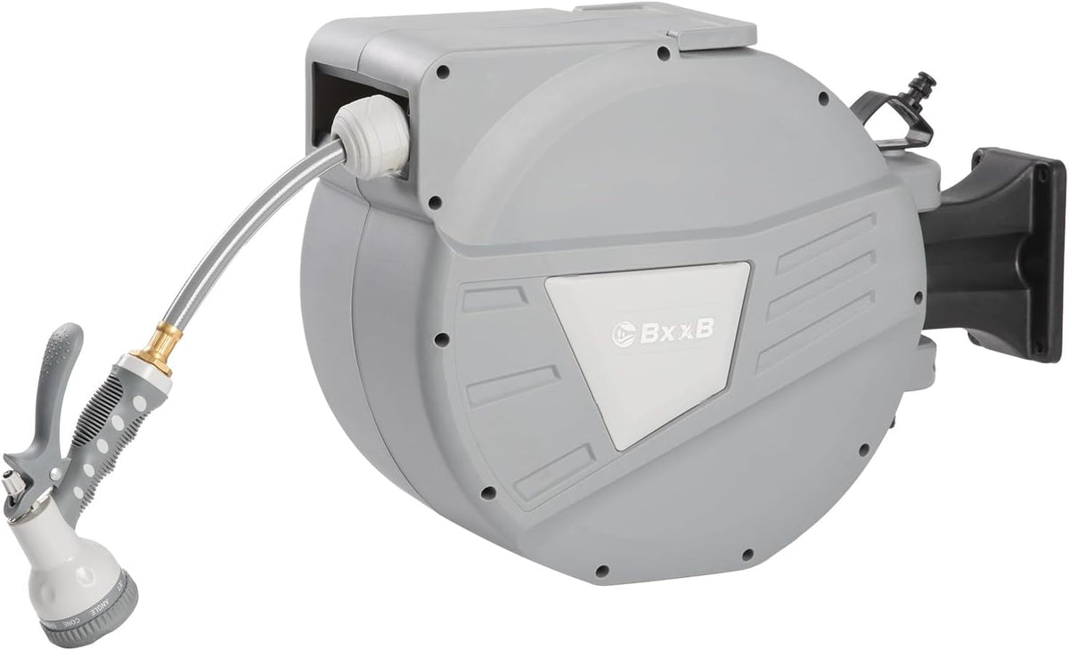 Retractable Garden Hose Reel,1/2 in x 65ft Wall Mounted Hose Reel, Optional Position Lock，Slow-Retract System，Wall Mounted，180°Swivel Bracket，Light Grey