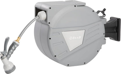 Retractable Garden Hose Reel,1/2 in x 65ft Wall Mounted Hose Reel, Optional Position Lock，Slow-Retract System，Wall Mounted，180°Swivel Bracket，Light Grey