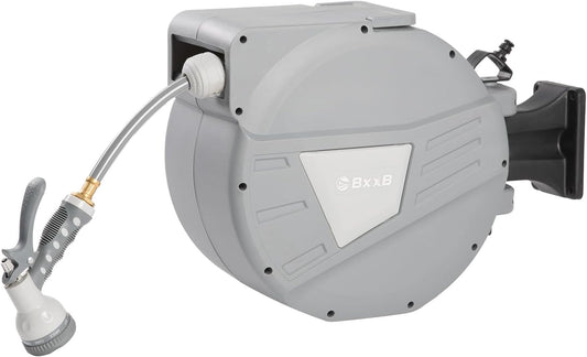 Retractable Garden Hose Reel,1/2 in x 65ft Wall Mounted Hose Reel, Optional Position Lock，Slow-Retract System，Wall Mounted，180°Swivel Bracket，Light Grey
