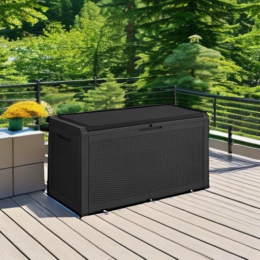 Devoko 100 Gallon Waterproof Large Resin Deck Box Indoor Outdoor Lockable Storage Container for Patio Furniture Cushions Garden Tools (100 Gallon, Black)