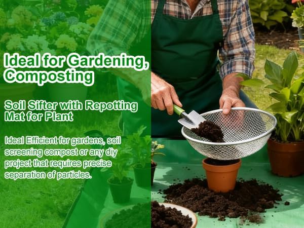 2 Pack Soil Sifter for Gardening - Rock Compost Sand Sifter Fits 5-Gallon Buckets 1/4 Inch & 1/8 Inch Mesh Sifting Screen Sieve for Gravel, Dirt, Sawdust with Repotting Mat