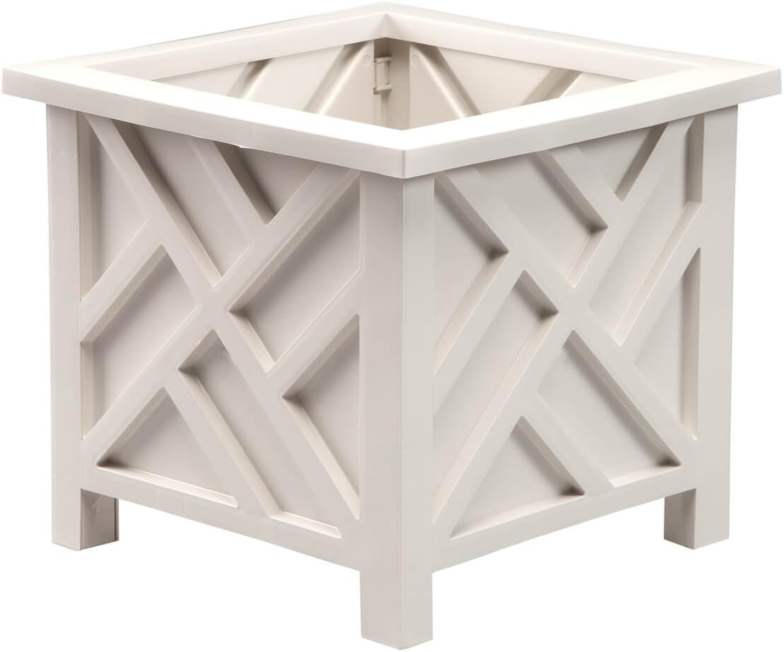 Miles Kimball Chippendale Planter Box, White – Plant Holder for Garden, Patio and Lawn – 14 ¾” sq. x 13 ¼ H Overall