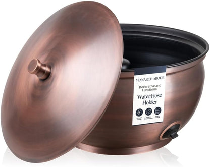 Monarch Abode Garden Hose Holder with Lid – Decorative Water Hose Holders for Outside, Smooth Metal Antique Copper Pot with Drainage, 100ft Waterhose Holder for Outside, Garden Storage Caddy