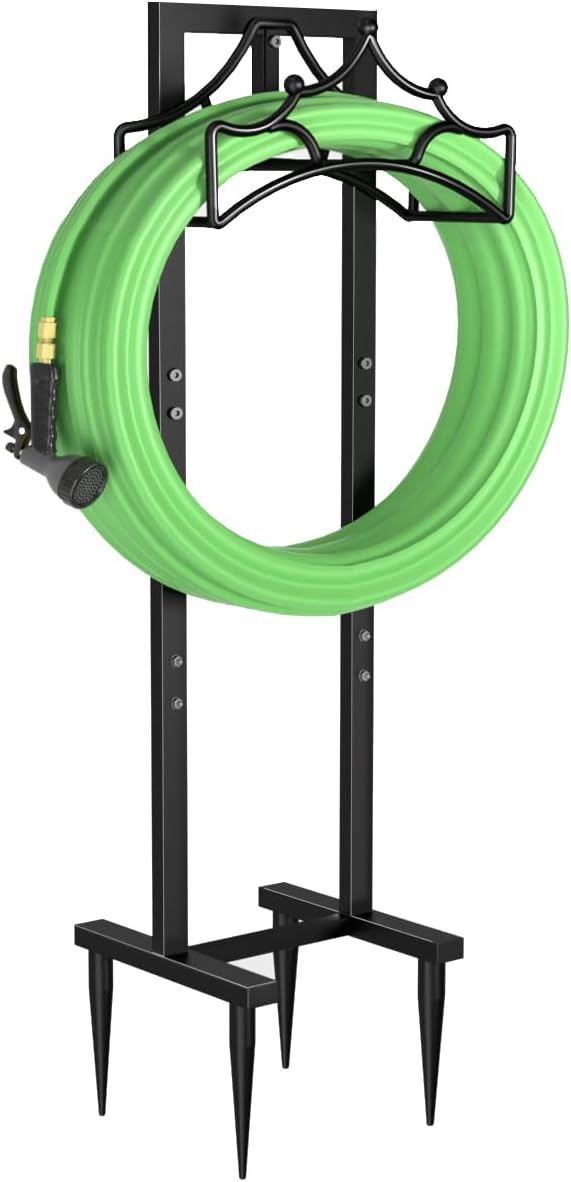 Garbuildman Garden Hose Holder with 3 Spikes, Freestanding Metal Hose Stand for Outdoor Garden, Detachable Hose Storage Rack for Lawn & Yard, Volcano Black