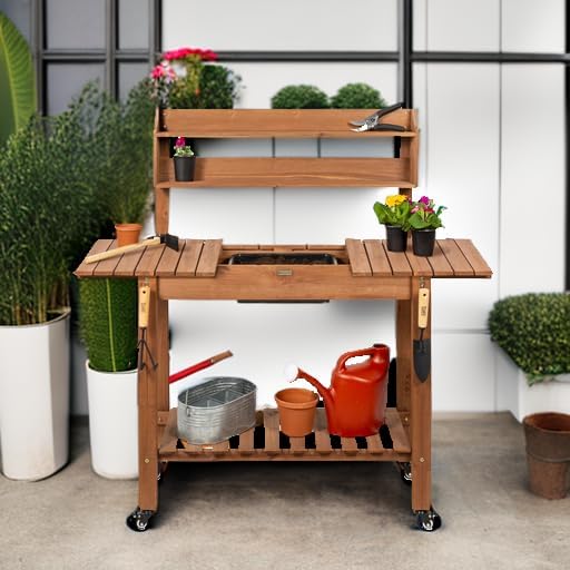 Best Choice Products Mobile Garden Potting Bench, Outdoor Wood Workstation Table w/Sliding Tabletop, 4 Locking Wheels, Food Grade Dry Sink, Storage Shelves - Sage Green