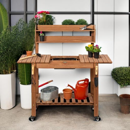 Best Choice Products Mobile Garden Potting Bench, Outdoor Wood Workstation Table w/Sliding Tabletop, 4 Locking Wheels, Food Grade Dry Sink, Storage Shelves - Sage Green