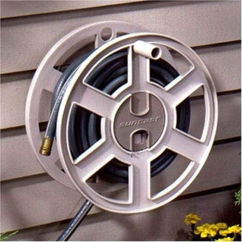 Suncast 100 ft Garden Hose Holder Wall Mount, Taupe Heavy-Duty Wall Mounted Water Hose Reel for Outside Use, Manually Retractable Sidewinder, Open Space-Saving Storage, Made in the USA