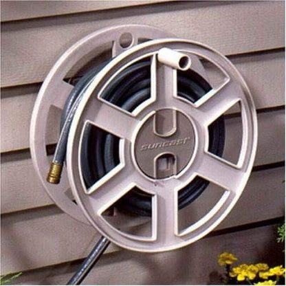 Suncast 100 ft Garden Hose Holder Wall Mount, Taupe Heavy-Duty Wall Mounted Water Hose Reel for Outside Use, Manually Retractable Sidewinder, Open Space-Saving Storage, Made in the USA