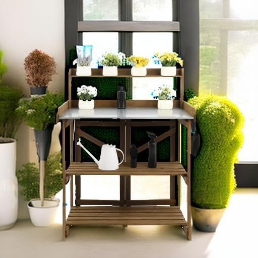 PetsCosset Folding Garden Potting Bench Table，Outdoor Wooden Work Station W/Metal Table Top,2 Tier Open Storage Rack,Top Shelf-Natural Stained
