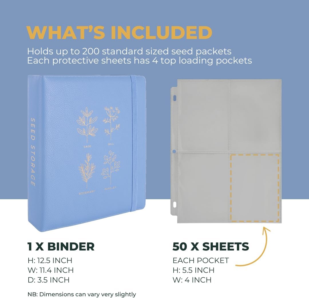 WILDGOOSE Seed Storage Organizer Binder - Seed Packet Organizer with 50 Pack Sheet Protectors That Stores 200 Seed Envelopes. (Blue)