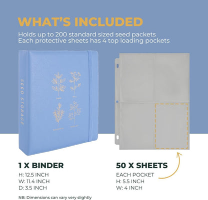 WILDGOOSE Seed Storage Organizer Binder - Seed Packet Organizer with 50 Pack Sheet Protectors That Stores 200 Seed Envelopes. (Blue)