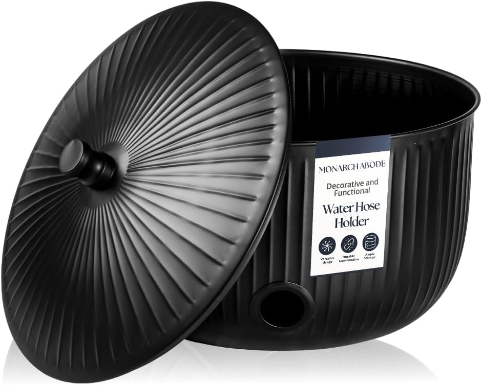 Monarch Abode Garden Hose Holder with Lid – Decorative Water Hose Holders for Outside, Ridge Embossed Metal Matte Black Pot with Drainage, 100ft Waterhose Holder for Outside, Garden Storage Caddy