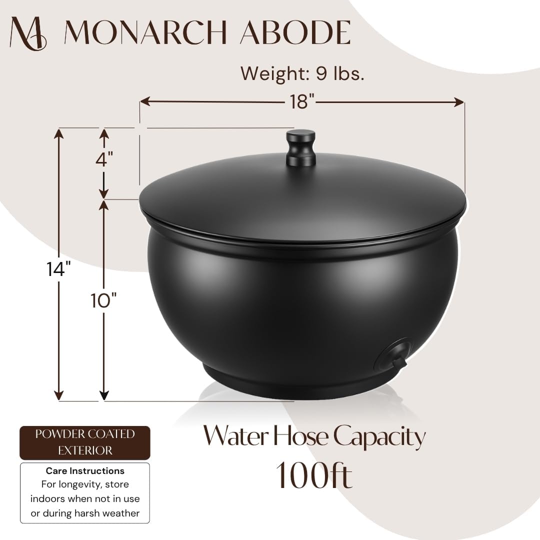 Monarch Abode Garden Hose Holder with Lid – Decorative Water Hose Holders for Outside, Smooth Metal Antique Copper Pot with Drainage, 100ft Waterhose Holder for Outside, Garden Storage Caddy