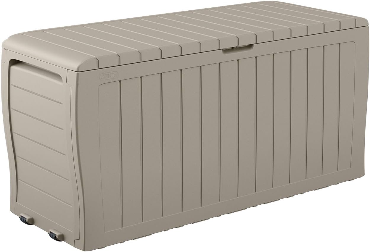 Keter Marvel Plus 71 Gallon Resin Outdoor Storage Box for Patio Furniture Cushions, Throw Pillows, Garden Tools and Pool Floats, Brown