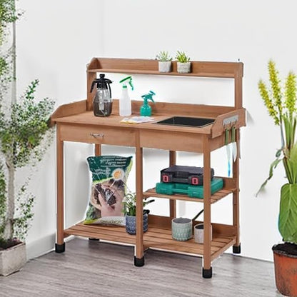 Yaheetech Potting Bench Outdoor Garden Work Bench Station Planting Solid Wood Construction for Horticulture w/Sink Drawer Rack Shelves Natural Wood