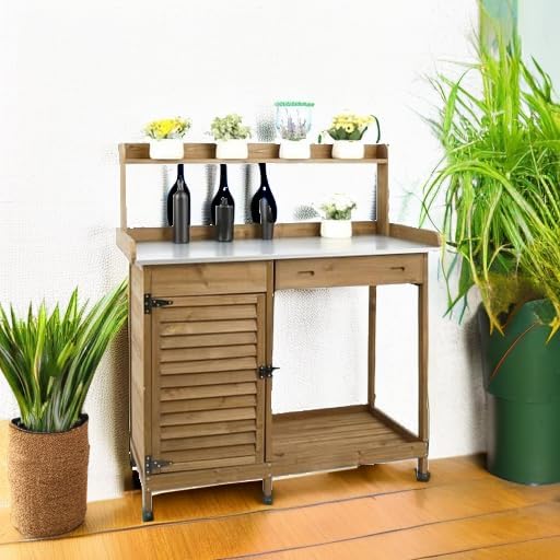 PetsCosset Folding Garden Potting Bench Table，Outdoor Wooden Work Station W/Metal Table Top,2 Tier Open Storage Rack,Top Shelf-Natural Stained