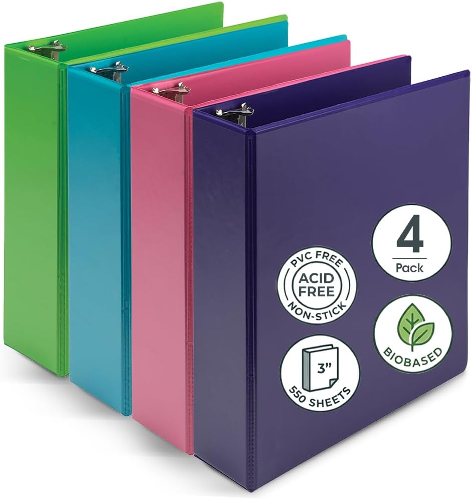 Samsill BioBinder 2 Inch (4-Pack) - Durable Plant-Based 3 Ring View Binder, USDA Certified Biobased, Customizable Nonstick Cover & Spine - 425 Sheet Capacity, Letter Size School Office Organizer