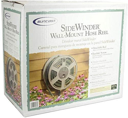 Suncast 100 ft Garden Hose Holder Wall Mount, Taupe Heavy-Duty Wall Mounted Water Hose Reel for Outside Use, Manually Retractable Sidewinder, Open Space-Saving Storage, Made in the USA