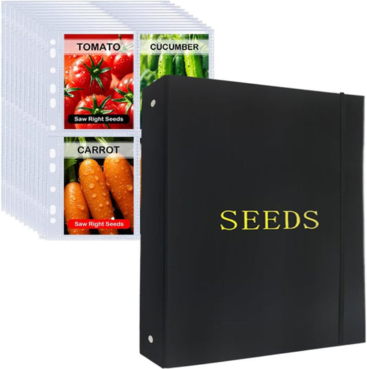 Seed Storage Organizer Binder, 3 Ring Seed Packet Organizer with 100 Pockets(25 Pack Clear Sheet Protectors), Garden Seed Holder Book for Envelopes, Seed Saving Keeper, Green