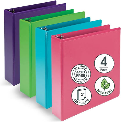 Samsill BioBinder 2 Inch (4-Pack) - Durable Plant-Based 3 Ring View Binder, USDA Certified Biobased, Customizable Nonstick Cover & Spine - 425 Sheet Capacity, Letter Size School Office Organizer
