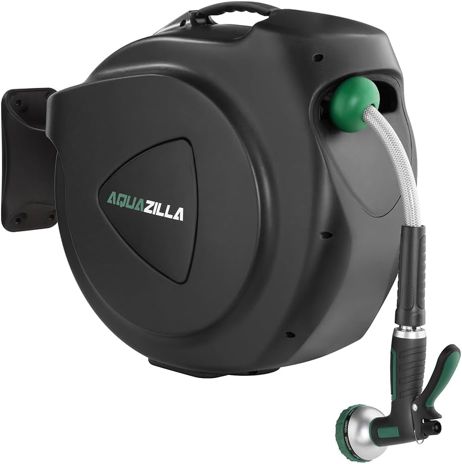 Retractable Garden Hose Reel, 120Ft x 1/2" Durable Wall Mounted Water Hose Reel with 180¡ãSwivel Bracket, 9 Pattern Sprayer, 6Ft leader hose, Smooth Automatic Rewind, Any Length Lock.