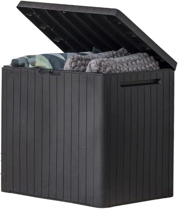 Keter City 30 Gallon Resin Outdoor Storage Box and Patio Furniture Side Table for Pool and Garden Accessories, Brown