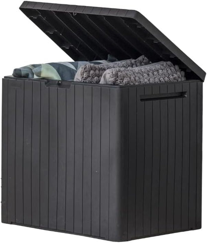 Keter City 30 Gallon Resin Outdoor Storage Box and Patio Furniture Side Table for Pool and Garden Accessories, Brown