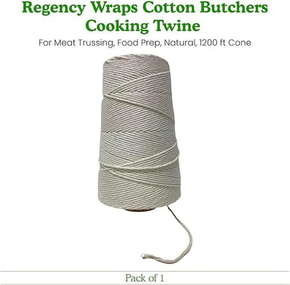 Regency Wraps Butchers Cooking Twine on Holder with Cutter, Heavy Duty, 500ft, 16 Ply, 2.4mm Food-Safe Cotton Kitchen String for Turkey Trussing, Meat Prep, Crafting