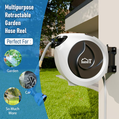USA Based Retractable Garden Hose Reel, 1/2 in x 50 ft Quick Connect 10-Pattern Sprayer, Wall Mounted Auto Self Retracting Water Hose Reels, UV Resistant Automatic Rewind 180° Mount | Gray