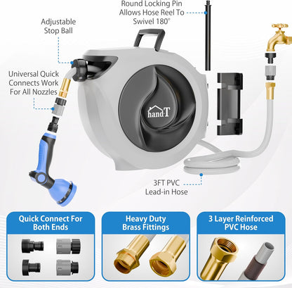 USA Based Retractable Garden Hose Reel, 1/2 in x 50 ft Quick Connect 10-Pattern Sprayer, Wall Mounted Auto Self Retracting Water Hose Reels, UV Resistant Automatic Rewind 180° Mount | Gray