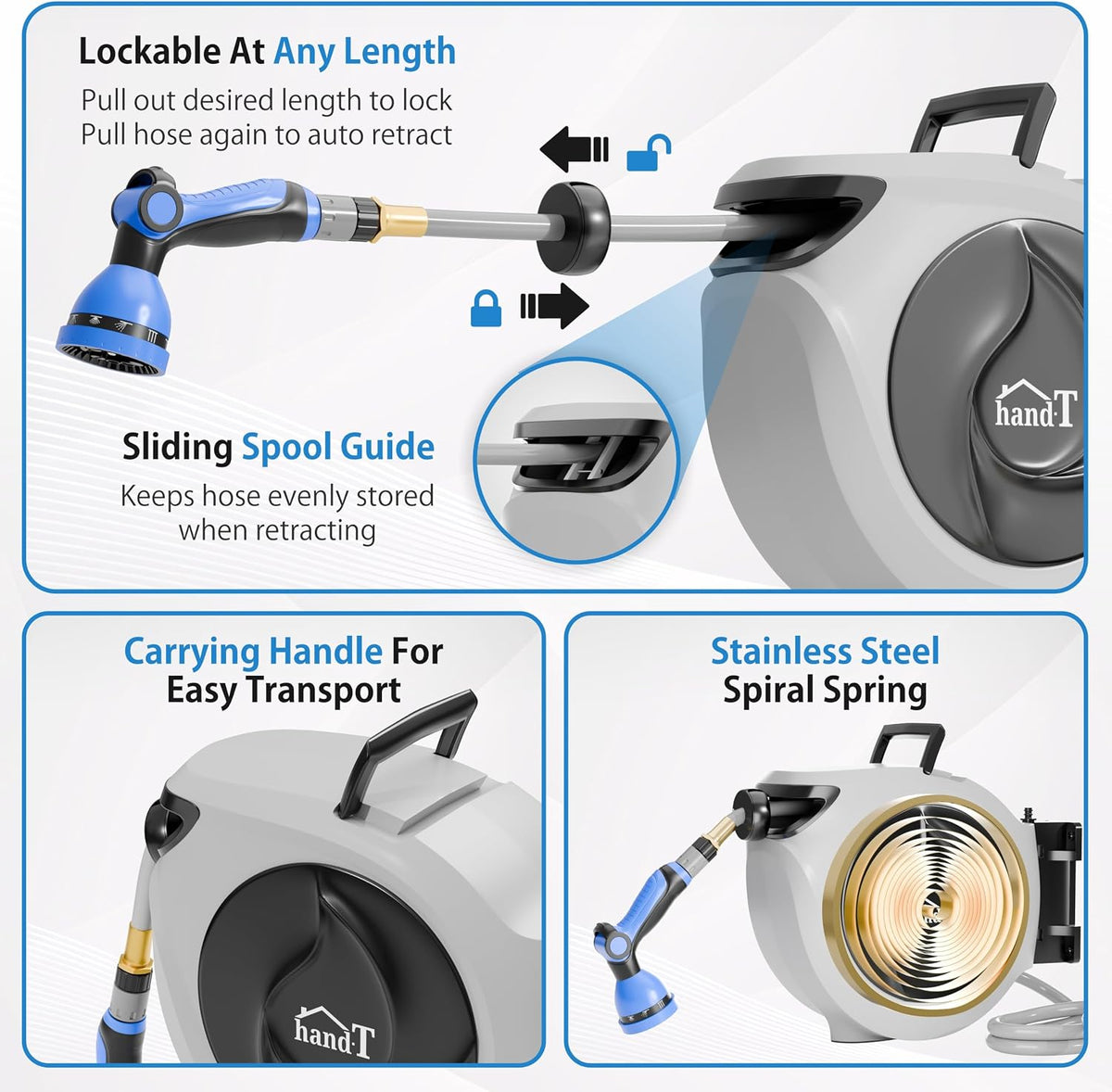 USA Based Retractable Garden Hose Reel, 1/2 in x 50 ft Quick Connect 10-Pattern Sprayer, Wall Mounted Auto Self Retracting Water Hose Reels, UV Resistant Automatic Rewind 180° Mount | Gray