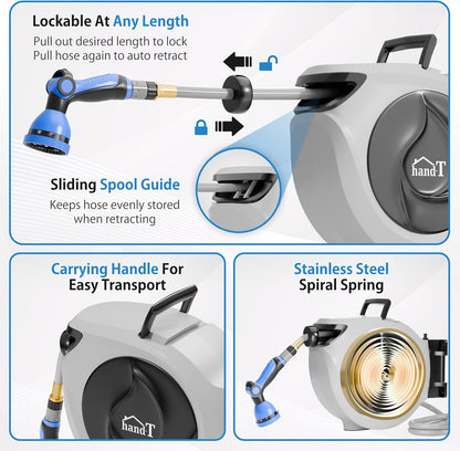 USA Based Retractable Garden Hose Reel, 1/2 in x 50 ft Quick Connect 10-Pattern Sprayer, Wall Mounted Auto Self Retracting Water Hose Reels, UV Resistant Automatic Rewind 180° Mount | Gray