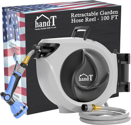 USA Based Retractable Garden Hose Reel, 1/2 in x 50 ft Quick Connect 10-Pattern Sprayer, Wall Mounted Auto Self Retracting Water Hose Reels, UV Resistant Automatic Rewind 180° Mount | Gray